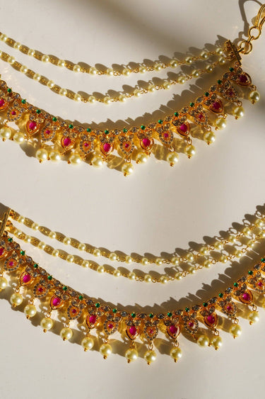 Mihika Diamanté Accent AD Ear Chains - Gold-plated with white or multicolor AD stones and pearls, featuring a convenient hook for easy placement.