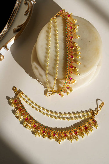 Mihika Diamanté Accent AD Ear Chains - Gold-plated with white or multicolor AD stones and pearls, featuring a convenient hook for easy placement.