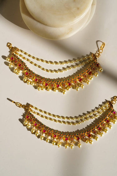 Mihika Diamanté Accent AD Ear Chains - Gold-plated with white or multicolor AD stones and pearls, featuring a convenient hook for easy placement.