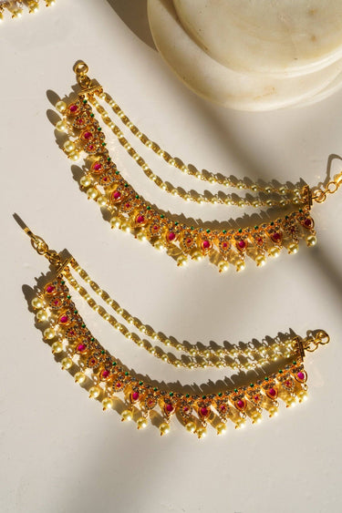 Mihika Diamanté Accent AD Ear Chains - Gold-plated with white or multicolor AD stones and pearls, featuring a convenient hook for easy placement.