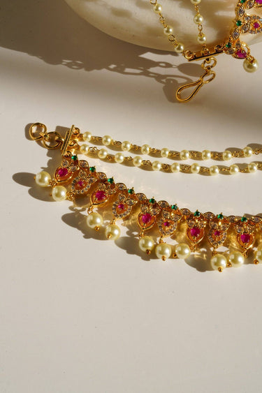 Mihika Diamanté Accent AD Ear Chains - Gold-plated with white or multicolor AD stones and pearls, featuring a convenient hook for easy placement.