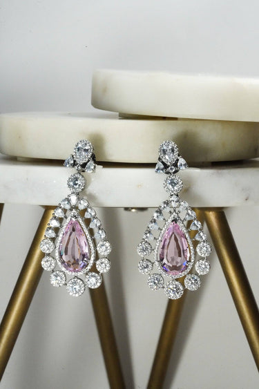 Mirah AD Earrings - Elegant Jewelry featuring pink teardrop stones surrounded by CZ crystals, ideal for formal accessories.
