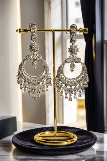 Misha Diamanté Accent Statement Chandelier Earrings - 4 inches long, 2 inches wide, with Diamante accents and AD stones, perfect for any elegant ensemble.