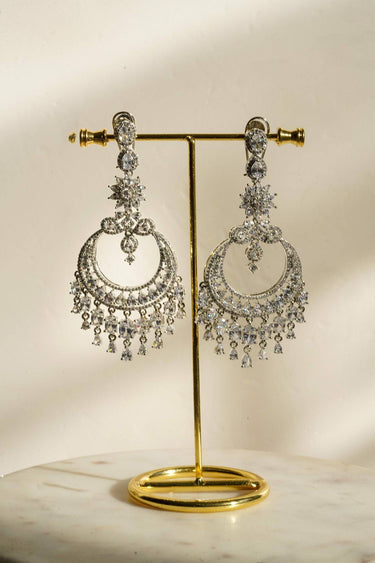 Misha Diamanté Accent Statement Chandelier Earrings - 4 inches long, 2 inches wide, with Diamante accents and AD stones, perfect for any elegant ensemble.