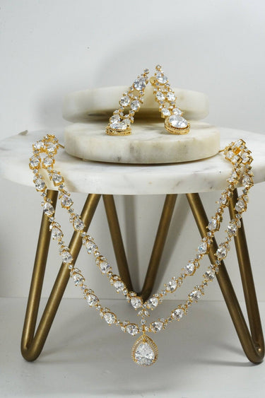 White and gold double layer diamanté necklace set for Indian weddings by Inaury