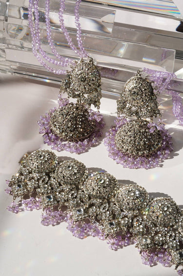 Close-up of Namar Choker Necklace Set with lavender beads and CZ stones, displayed on a white background for jewelry showcase.