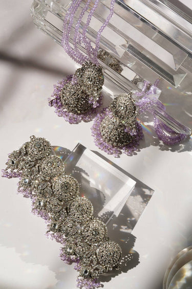 Flat lay of Namar Choker Necklace Set with lavender beads and CZ stones, ideal for Indian wedding jewelry collections.