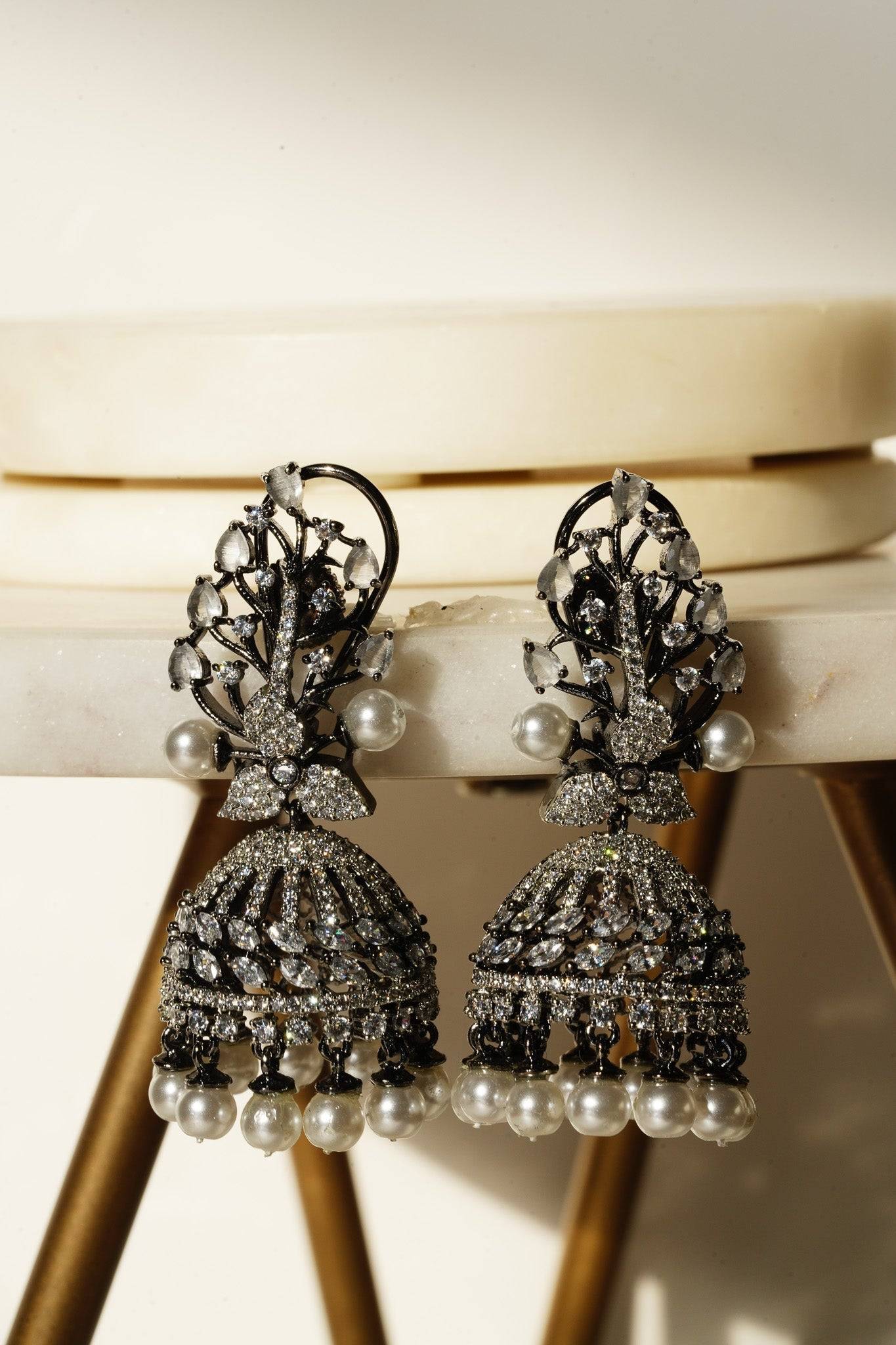 Nidhi - Black Plated AD Jhumka Jhumkas from Inaury