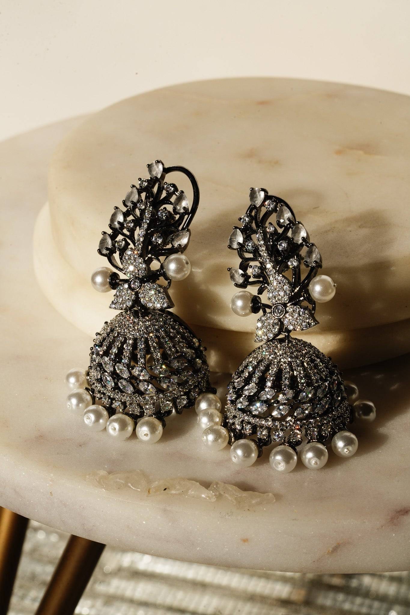 Nidhi - Black Plated AD Jhumka Jhumkas from Inaury