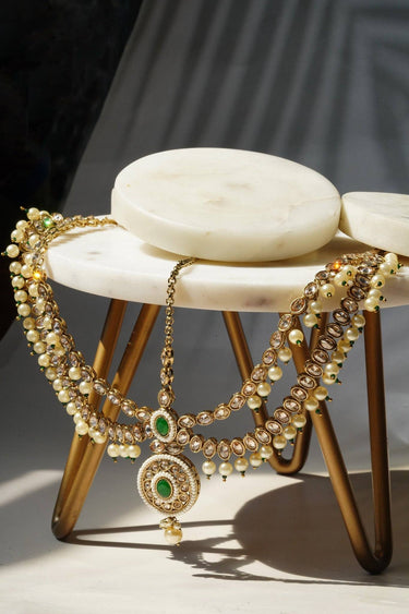Nisha - Gold & Green Kundan Mathapatti Matha Patti from Inaury