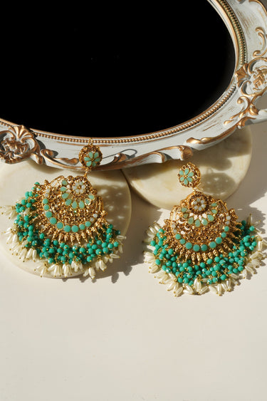 Nora Chandbali Statement Earrings - Oversized design with nine exquisite gemstones, high-quality brass with gold plating, perfect for special occasions.