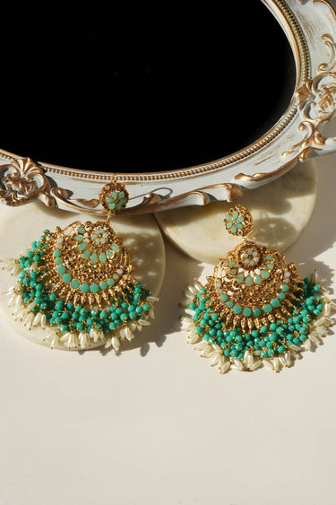 Nora Chandbali Statement Earrings - Oversized design with nine exquisite gemstones, high-quality brass with gold plating, perfect for special occasions.
