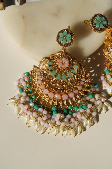 Nora Chandbali Statement Earrings - Oversized design with nine exquisite gemstones, high-quality brass with gold plating, perfect for special occasions.