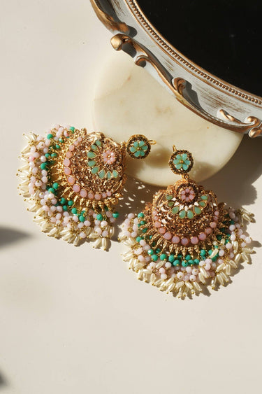 Nora Chandbali Statement Earrings - Oversized design with nine exquisite gemstones, high-quality brass with gold plating, perfect for special occasions.
