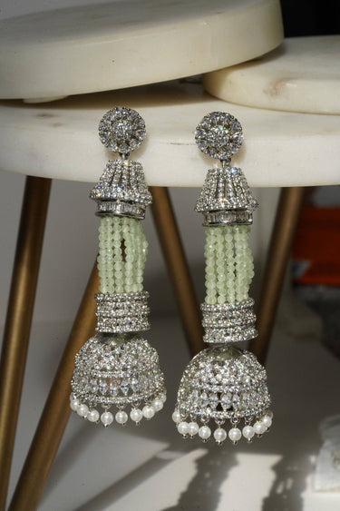 Riya - Tassel AD Jhumka Chandelier from InauryRiya Tassel AD Chandelier Earrings with Jhumkas in pink, green, and light green with AD stones and diamante accents