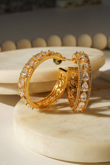 Saira Diamanté Accent AD Hoops - Gold-plated hoop earrings with white or mint green AD stones, measuring 1.54 inches in height and 0.35 inches in width.