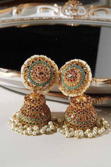 Samreen Jhumka Earrings - Gold-plated with multicolor navratan stones and zircon accents, 3-inch length, push pin back with earring support backing, elegant and chic.