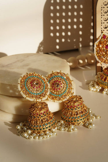 Samreen Jhumka Earrings - Gold-plated with multicolor navratan stones and zircon accents, 3-inch length, push pin back with earring support backing, elegant and chic.