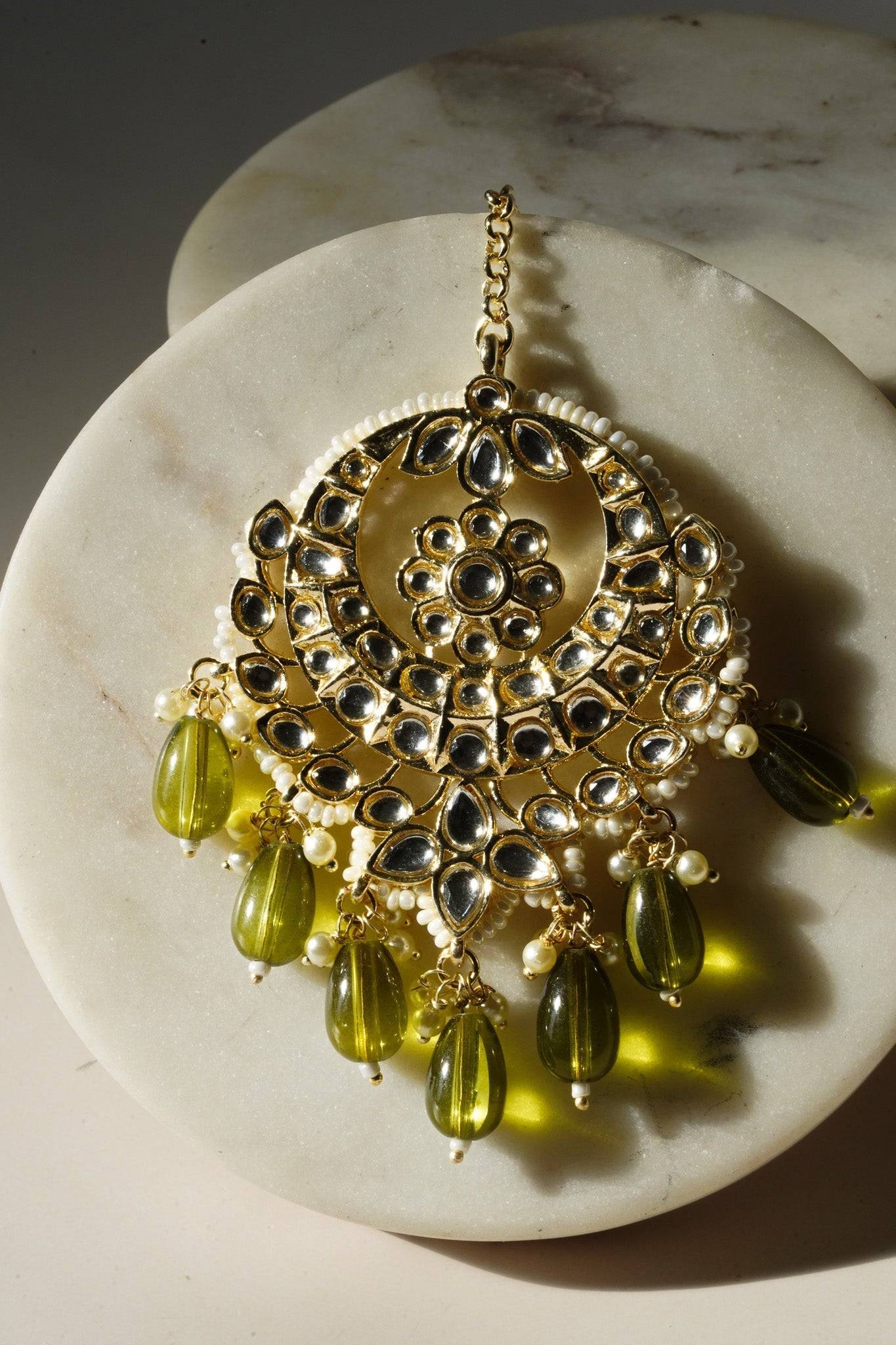 Sania- Gold & Mehndi Green Long Kundan Necklace Set With Tikka Long Necklace Set from Inaury