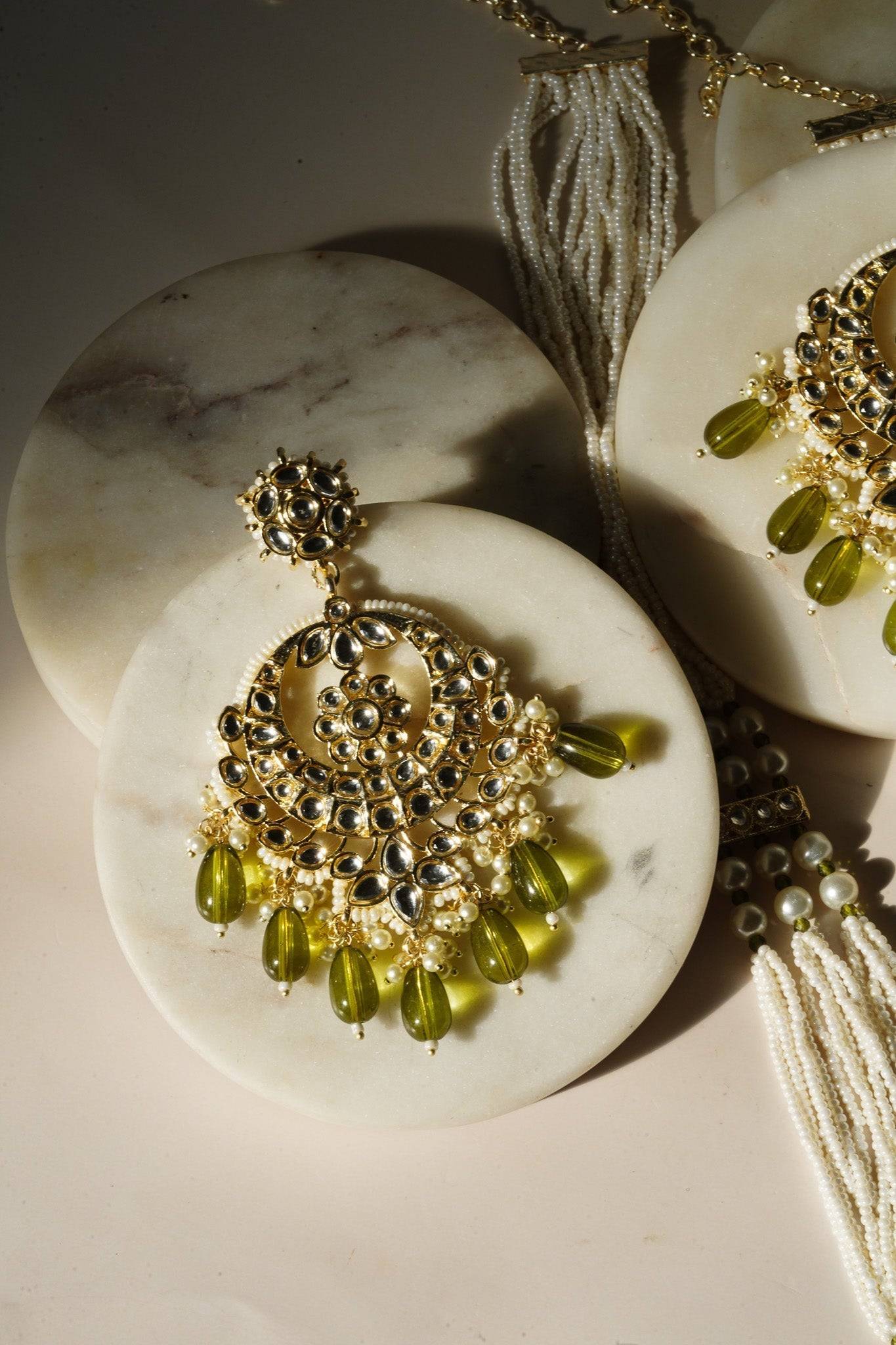 Sania- Gold & Mehndi Green Long Kundan Necklace Set With Tikka Long Necklace Set from Inaury