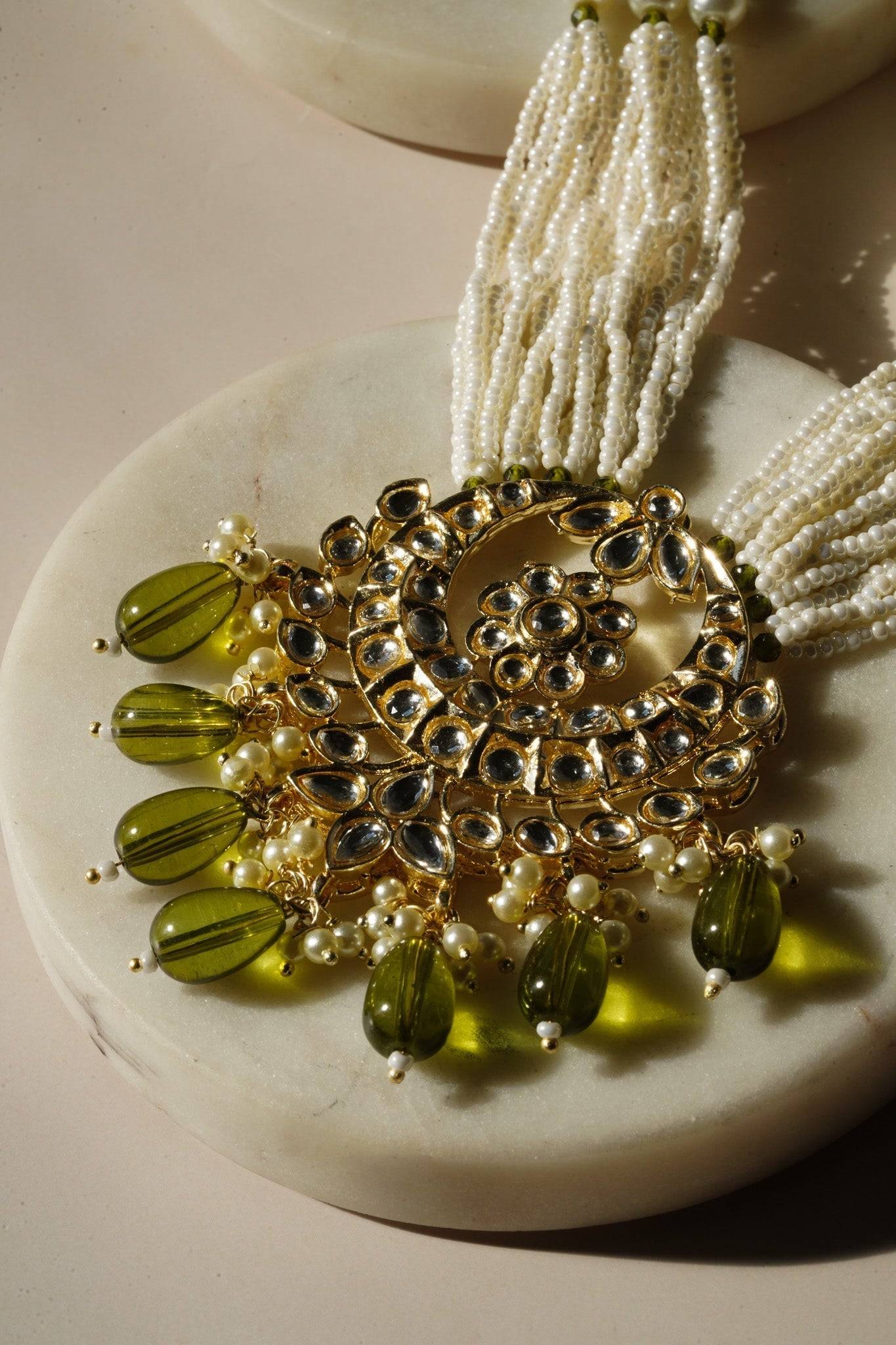 Sania- Gold & Mehndi Green Long Kundan Necklace Set With Tikka Long Necklace Set from Inaury