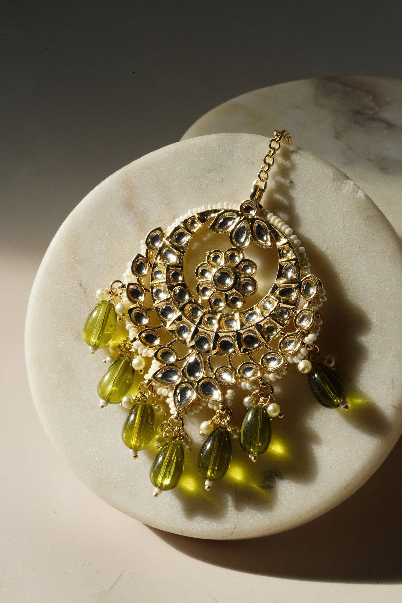 Sania- Gold & Mehndi Green Long Kundan Necklace Set With Tikka Long Necklace Set from Inaury