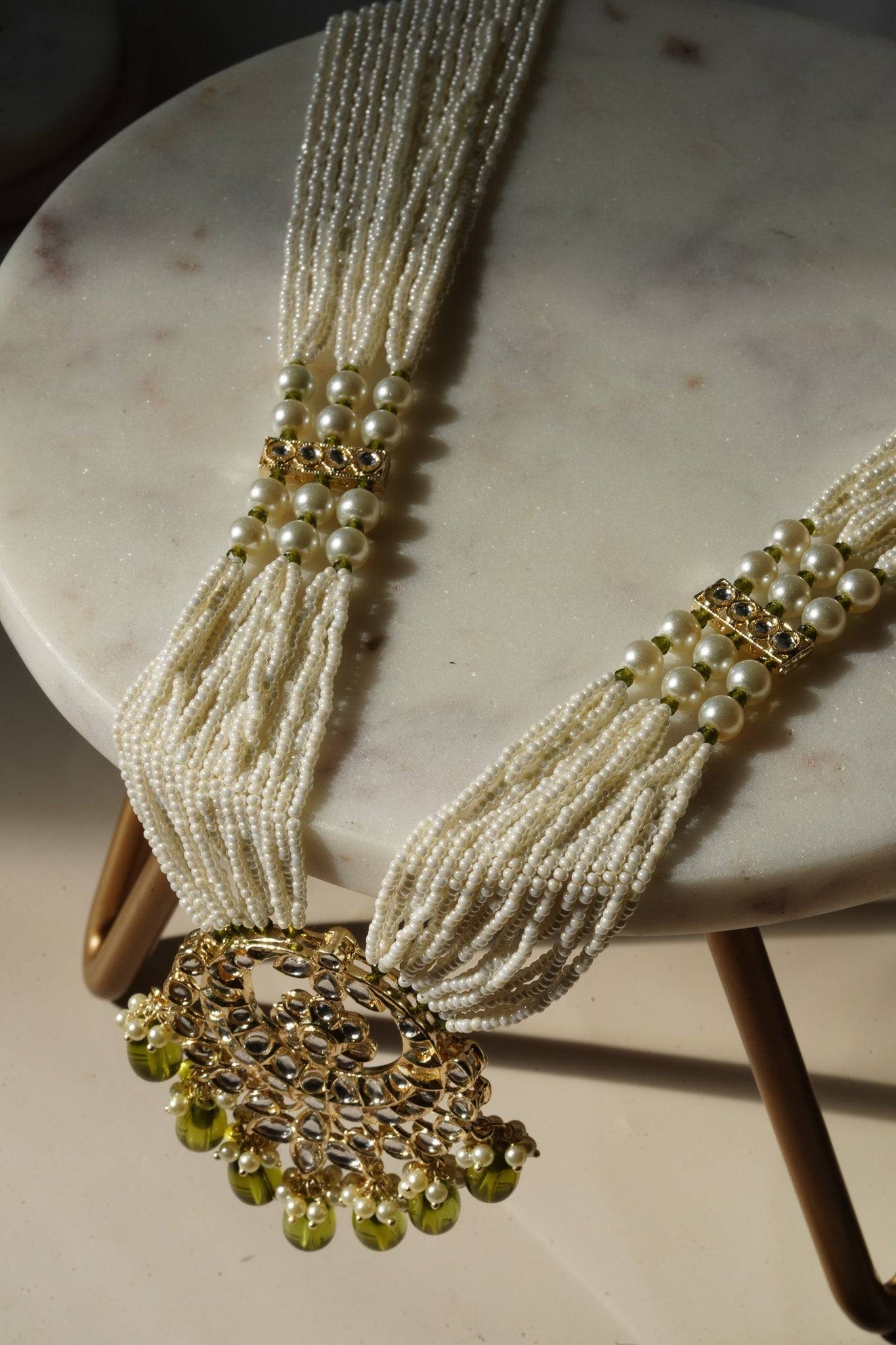Sania- Gold & Mehndi Green Long Kundan Necklace Set With Tikka Long Necklace Set from Inaury