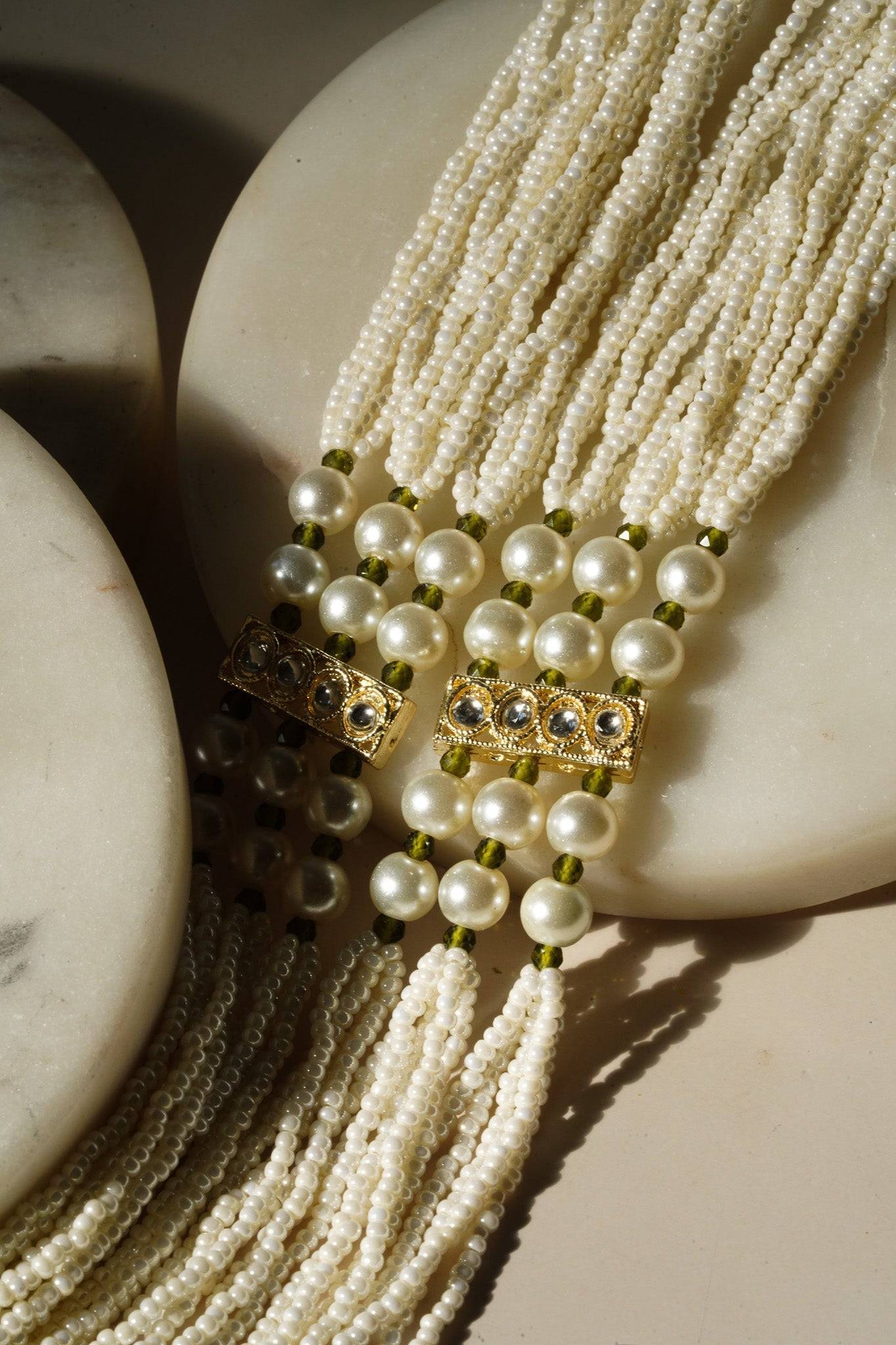 Sania- Gold & Mehndi Green Long Kundan Necklace Set With Tikka Long Necklace Set from Inaury