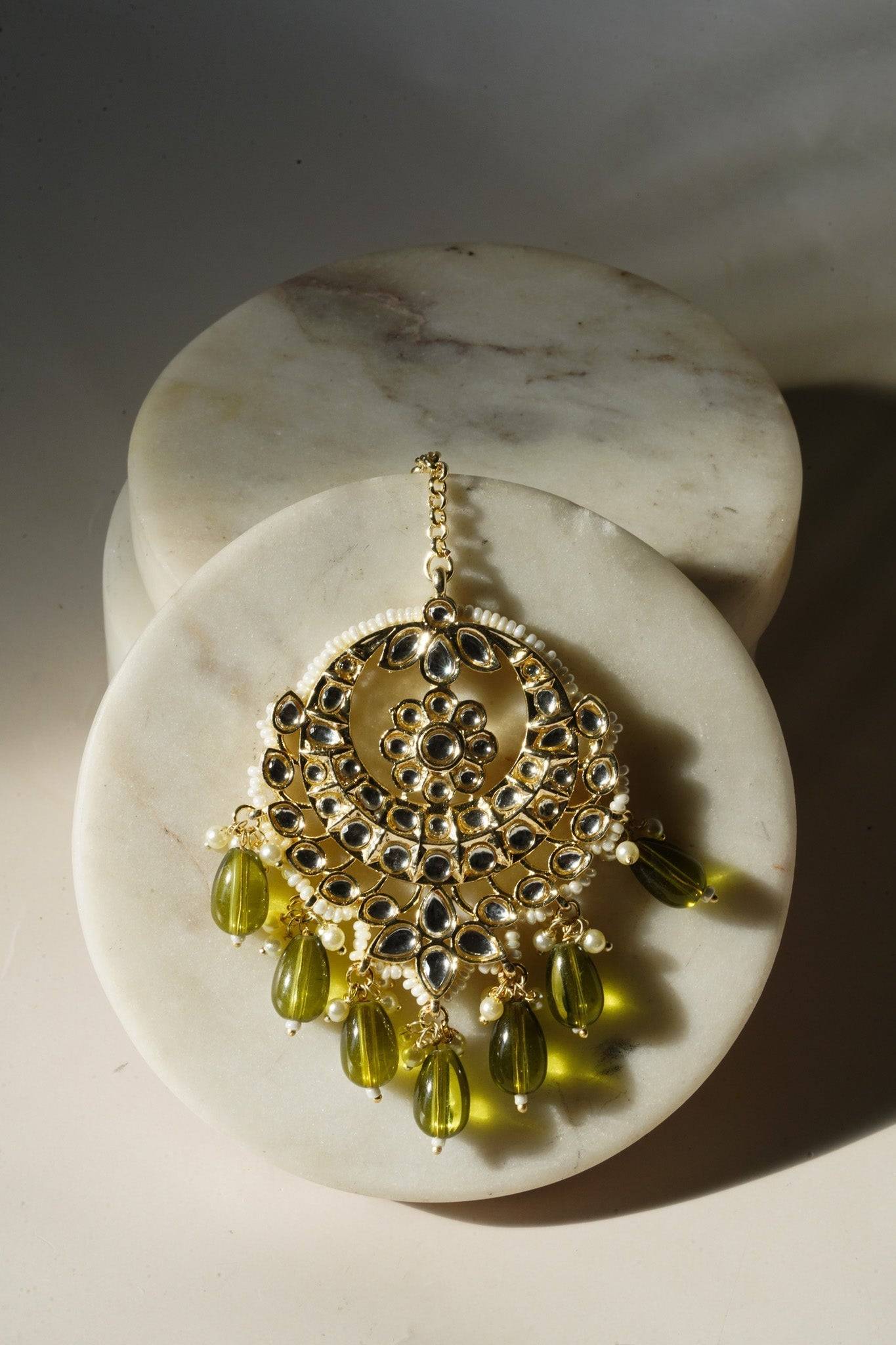 Sania- Gold & Mehndi Green Long Kundan Necklace Set With Tikka Long Necklace Set from Inaury