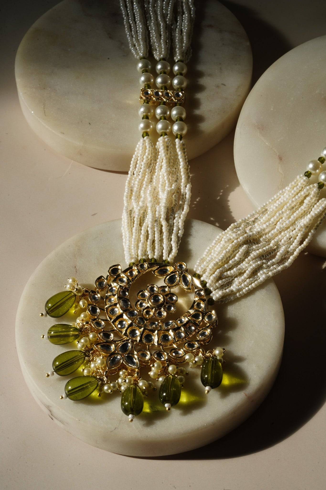 Sania- Gold & Mehndi Green Long Kundan Necklace Set With Tikka Long Necklace Set from Inaury