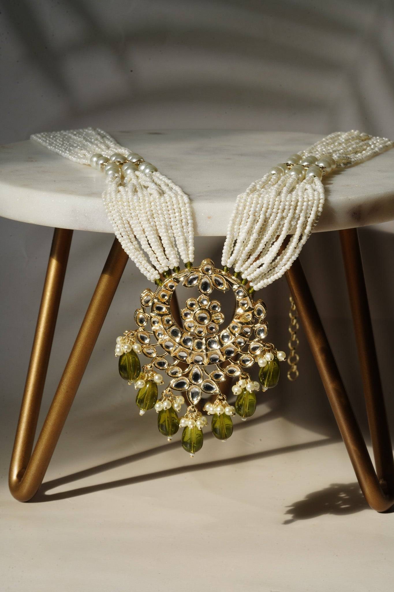 Sania- Gold & Mehndi Green Long Kundan Necklace Set With Tikka Long Necklace Set from Inaury