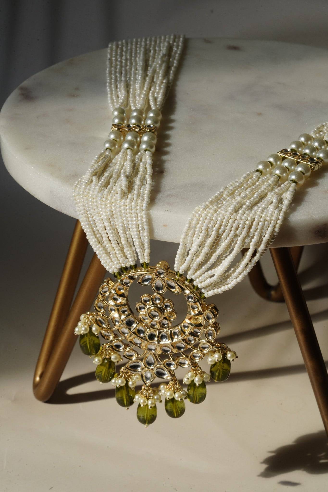 Sania- Gold & Mehndi Green Long Kundan Necklace Set With Tikka Long Necklace Set from Inaury