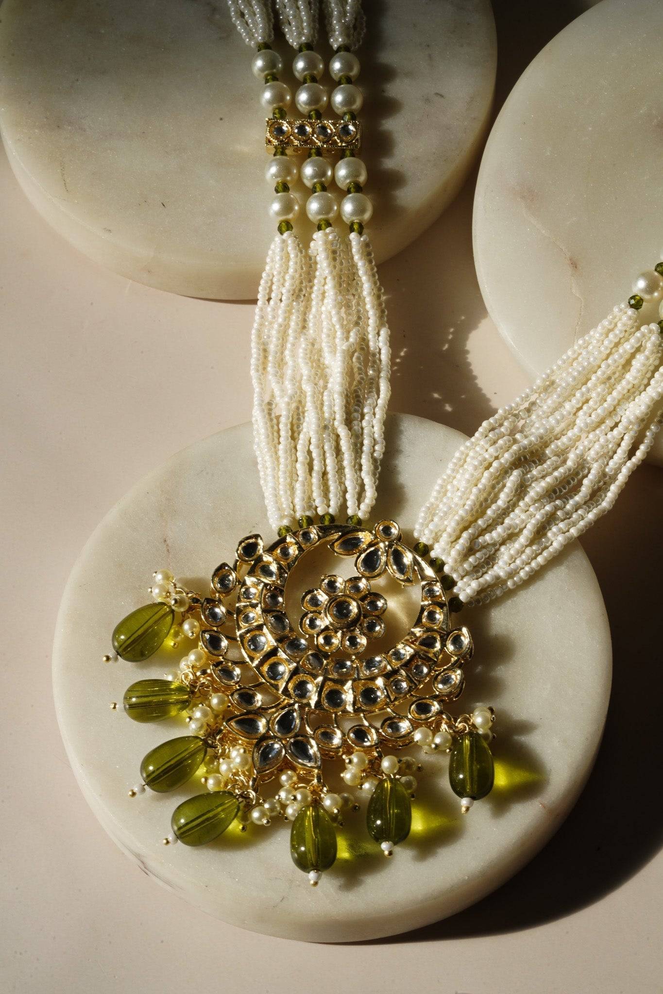 Sania- Gold & Mehndi Green Long Kundan Necklace Set With Tikka Long Necklace Set from Inaury