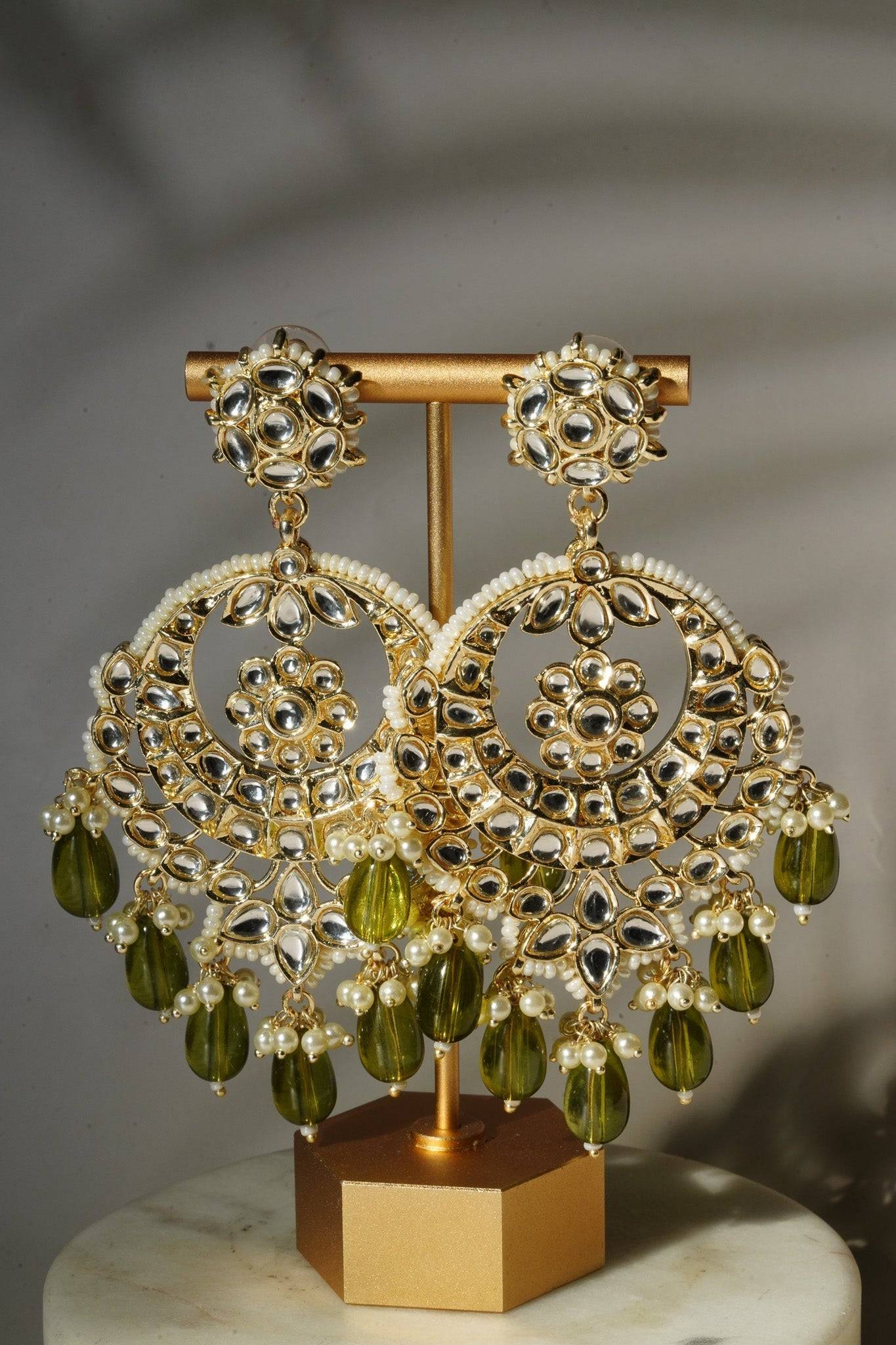 Sania- Gold & Mehndi Green Long Kundan Necklace Set With Tikka Long Necklace Set from Inaury