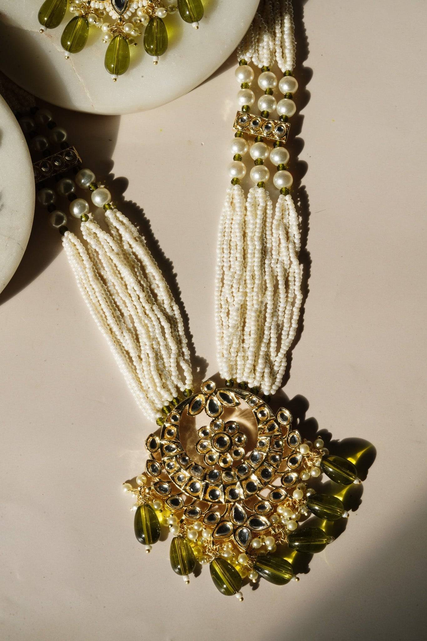 Sania- Gold & Mehndi Green Long Kundan Necklace Set With Tikka Long Necklace Set from Inaury