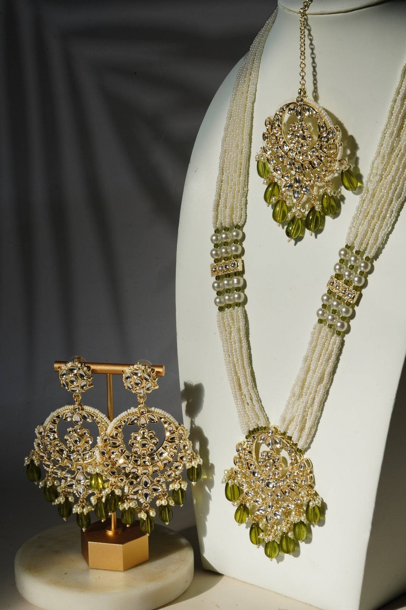 Sania- Gold & Mehndi Green Long Kundan Necklace Set With Tikka Long Necklace Set from Inaury