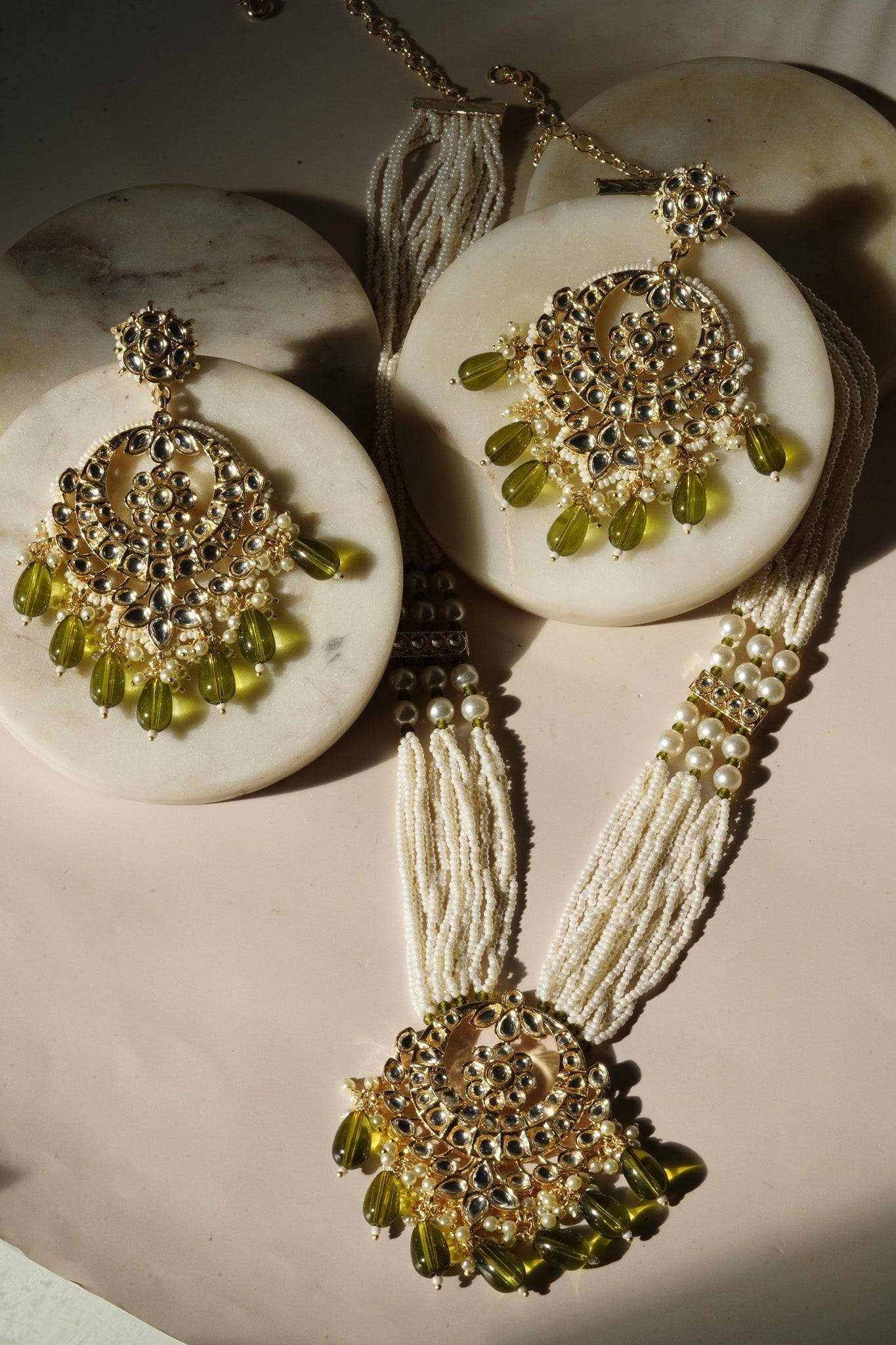 Sania- Gold & Mehndi Green Long Kundan Necklace Set With Tikka Long Necklace Set from Inaury