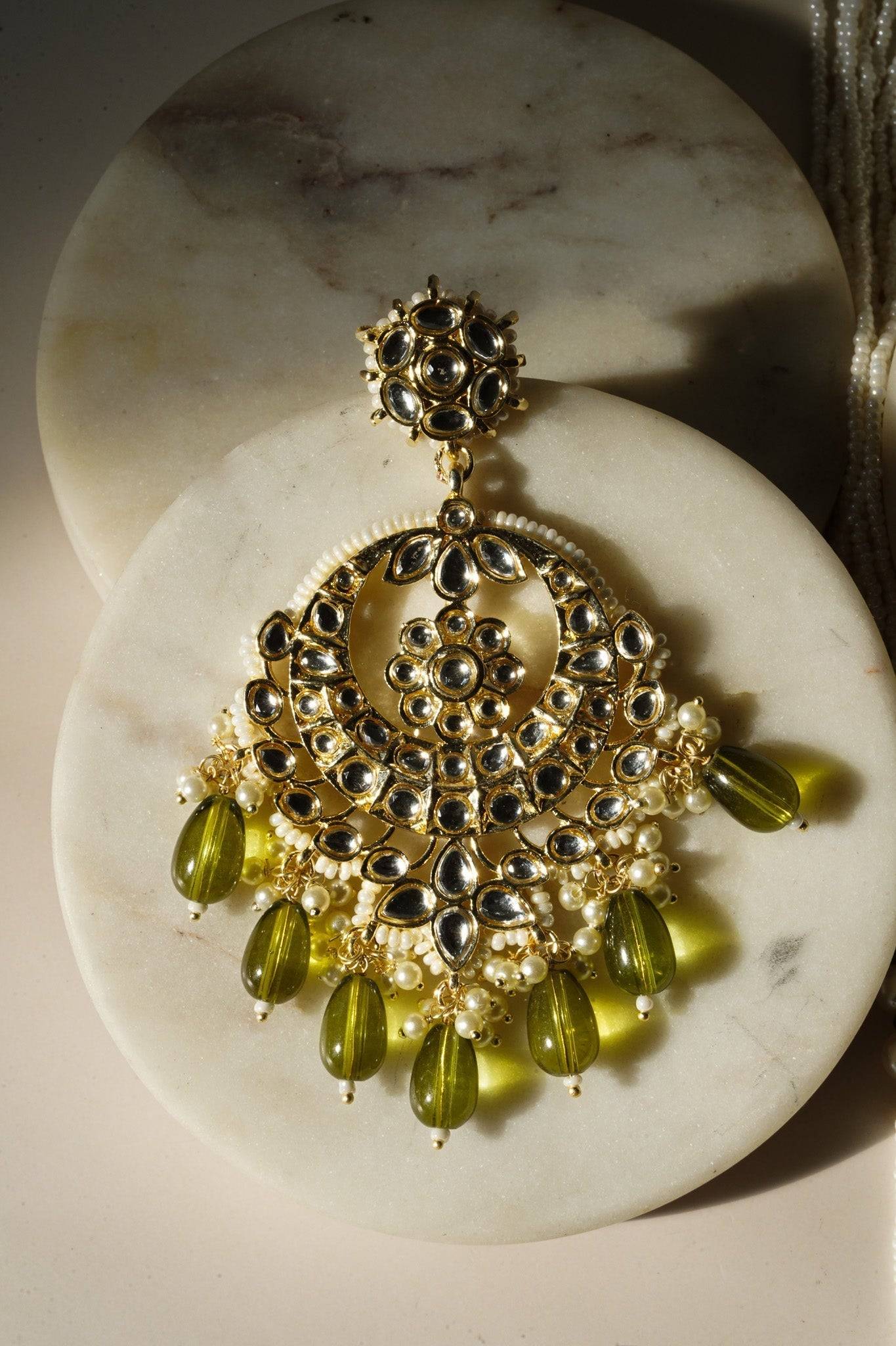 Sania- Gold & Mehndi Green Long Kundan Necklace Set With Tikka Long Necklace Set from Inaury