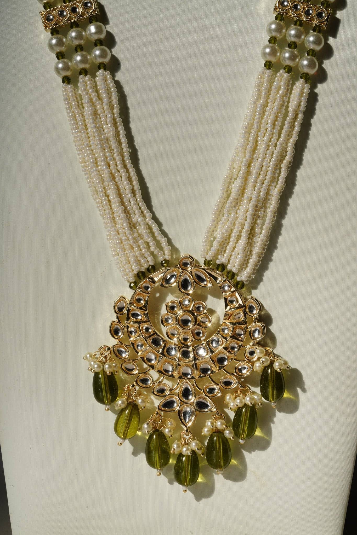 Sania- Gold & Mehndi Green Long Kundan Necklace Set With Tikka Long Necklace Set from Inaury