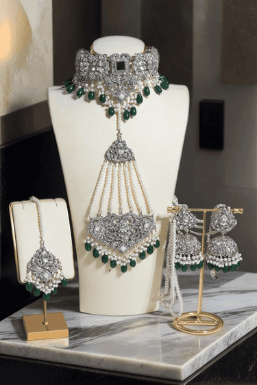 Full green Sareena Mirror Choker Set - Zircon & Pearl with choker, earrings, and headpiece, ideal for Desi bridal jewelry.
