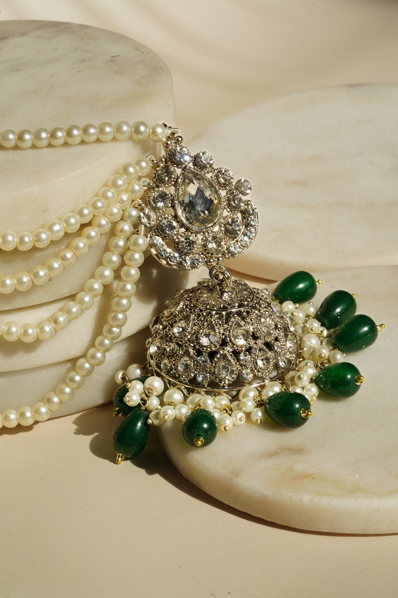 Sareena - Silver and Green Necklace Set with Earrings, Maang Tikka and Jhoomer Optional Choker Necklace Set from Inaury