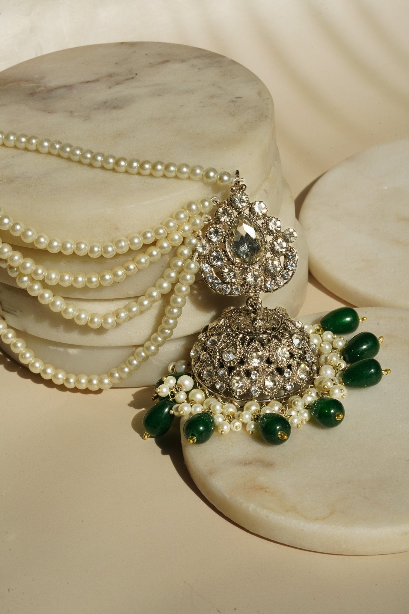 Sareena - Silver and Green Necklace Set with Earrings, Maang Tikka and Jhoomer Optional Choker Necklace Set from Inaury