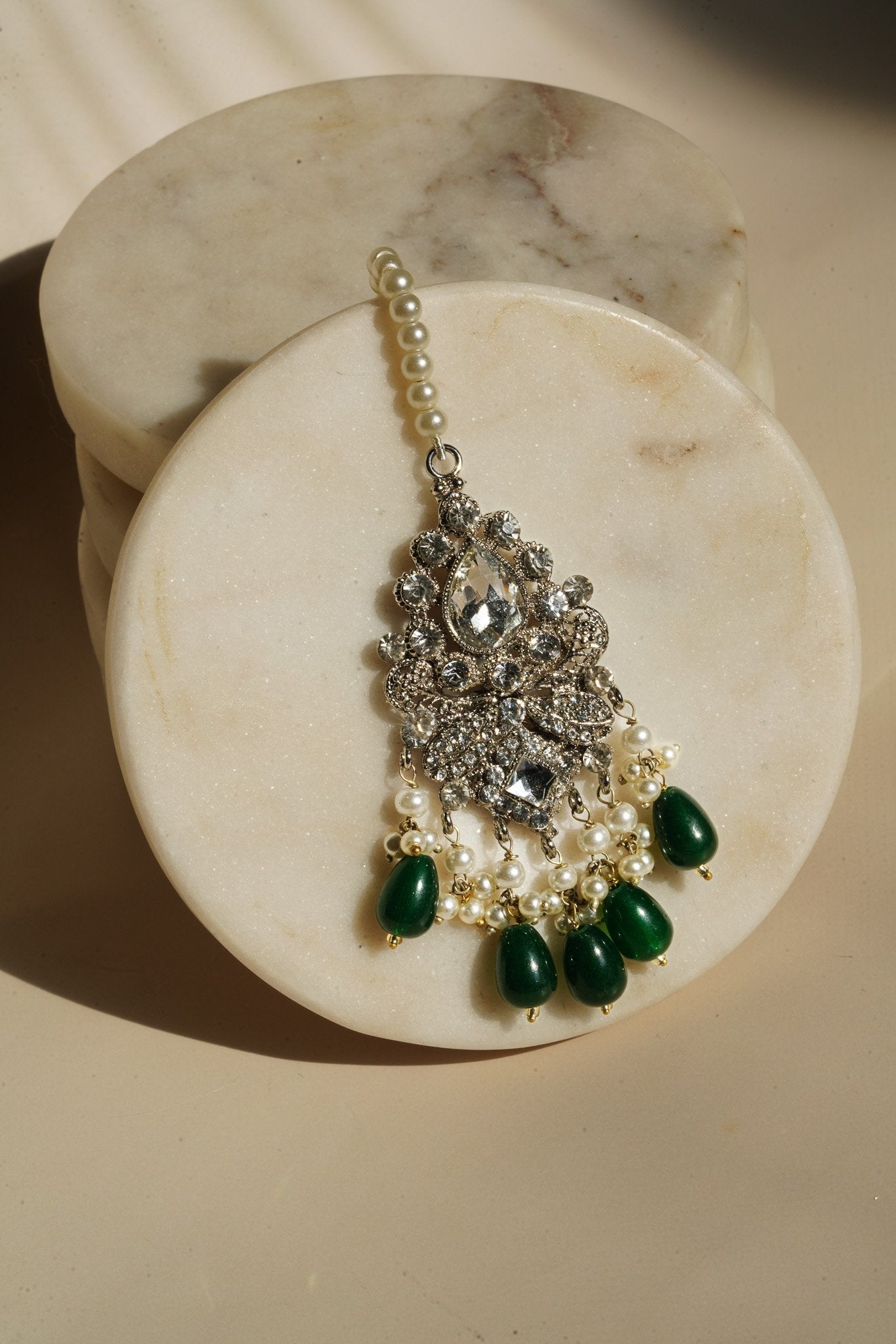 Sareena - Silver and Green Necklace Set with Earrings, Maang Tikka and Jhoomer Optional Choker Necklace Set from Inaury
