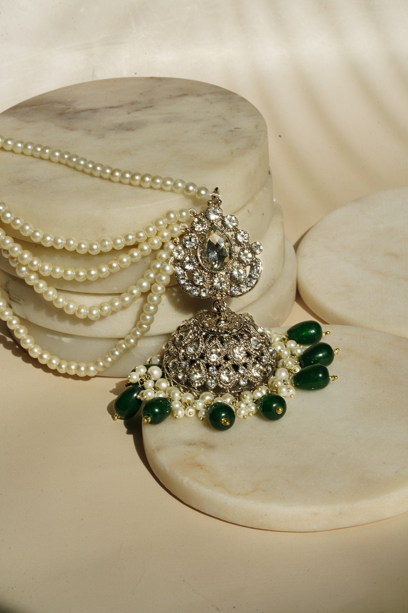 Sareena - Silver and Green Necklace Set with Earrings, Maang Tikka and Jhoomer Optional Choker Necklace Set from Inaury