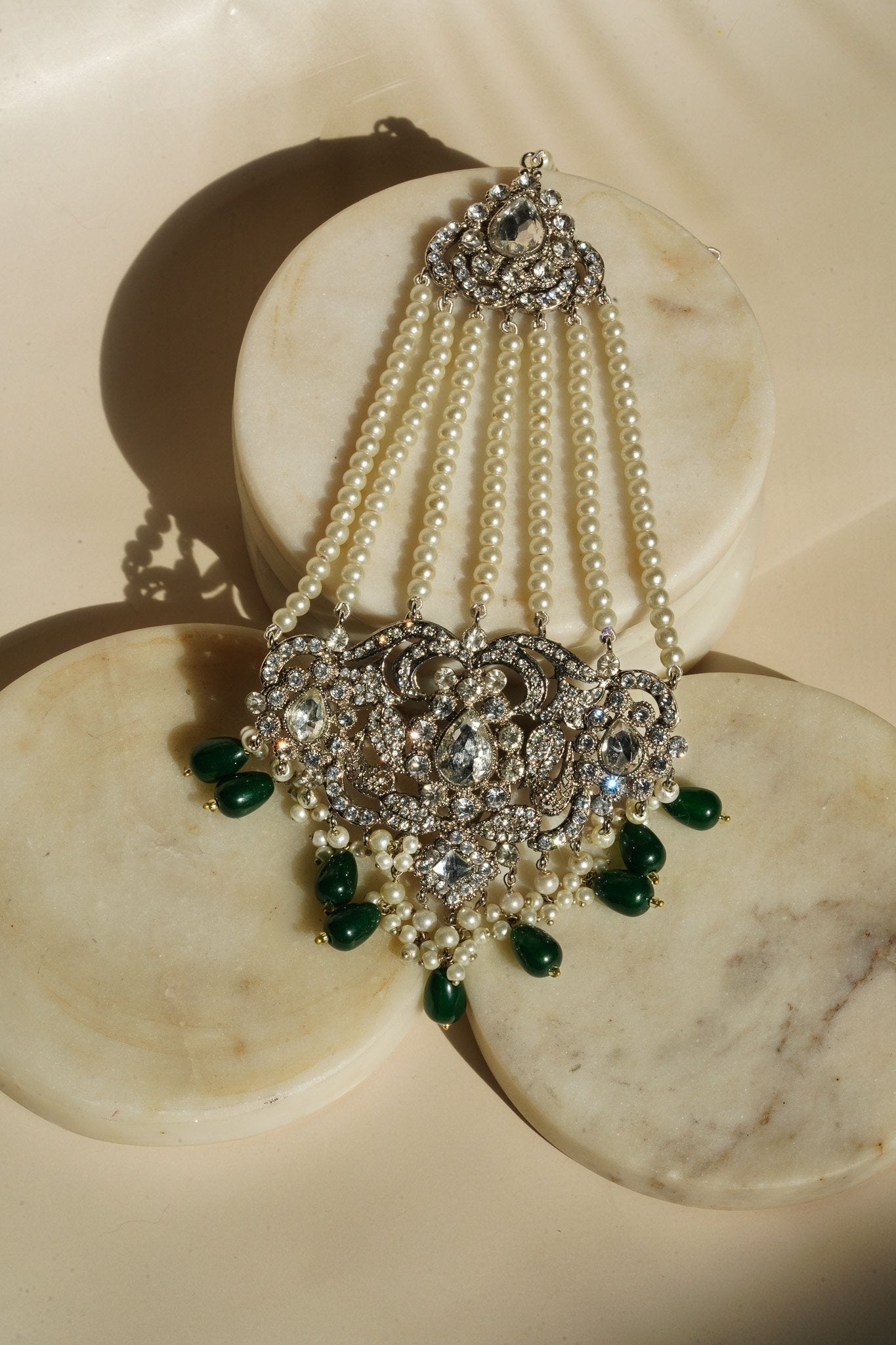 Sareena - Silver and Green Necklace Set with Earrings, Maang Tikka and Jhoomer Optional Choker Necklace Set from Inaury