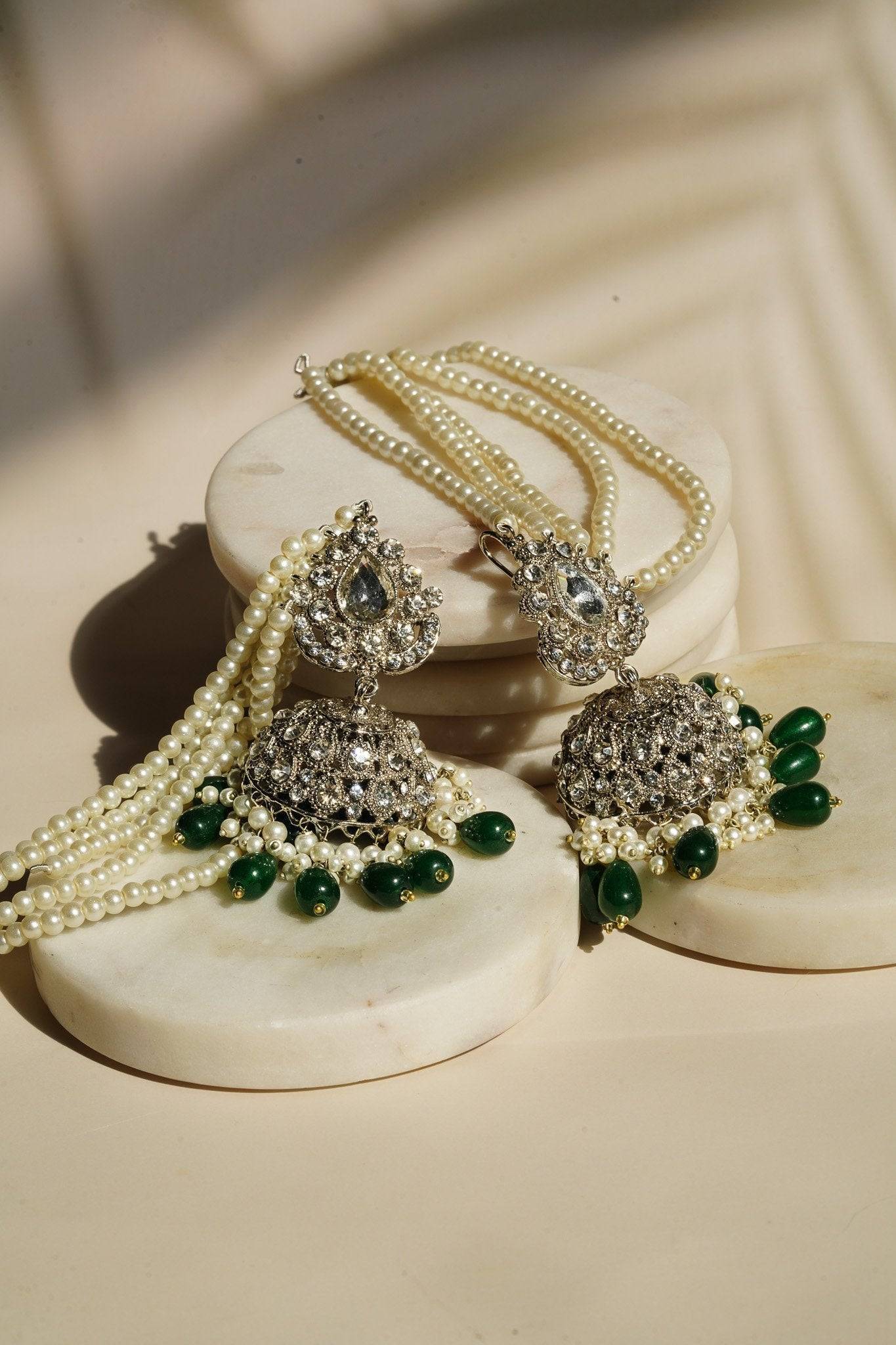 Sareena - Silver and Green Necklace Set with Earrings, Maang Tikka and Jhoomer Optional Choker Necklace Set from Inaury