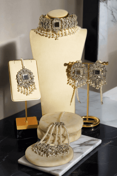 Shanzay Choker Necklace Set - Silver or gold plating with mirror embellishments, white stones, and pearls. Perfect for special occasions and everyday elegance.