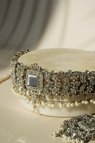 Shanzay Choker Necklace Set - Silver or gold plating with mirror embellishments, white stones, and pearls. Perfect for special occasions and everyday elegance.