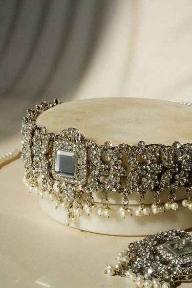 Shanzay Choker Necklace Set - Silver or gold plating with mirror embellishments, white stones, and pearls. Perfect for special occasions and everyday elegance.