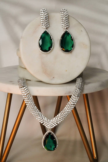 Sharmine Pavé Rhodium Plated Necklace Set in Turquoise Green by Inaury | Indian Jewelry